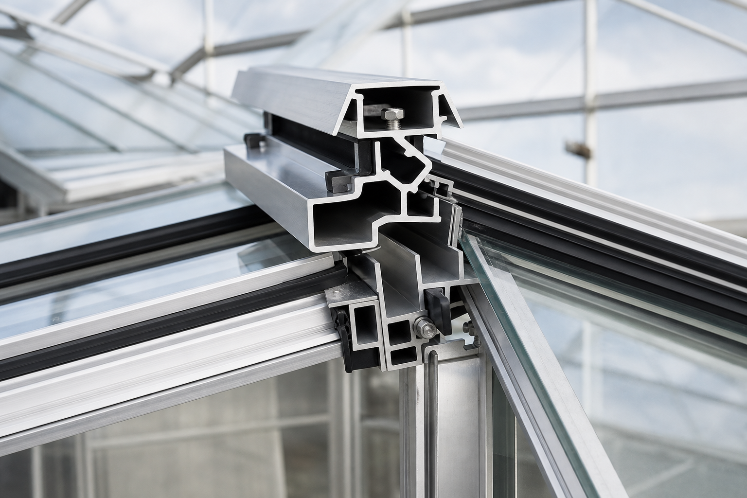 Aluminum greenhouse profile cross section and glazing seal detail