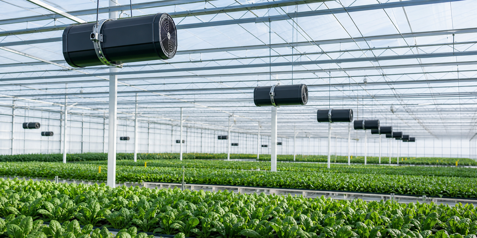 Greenhouse horizontal airflow fans above crop rows