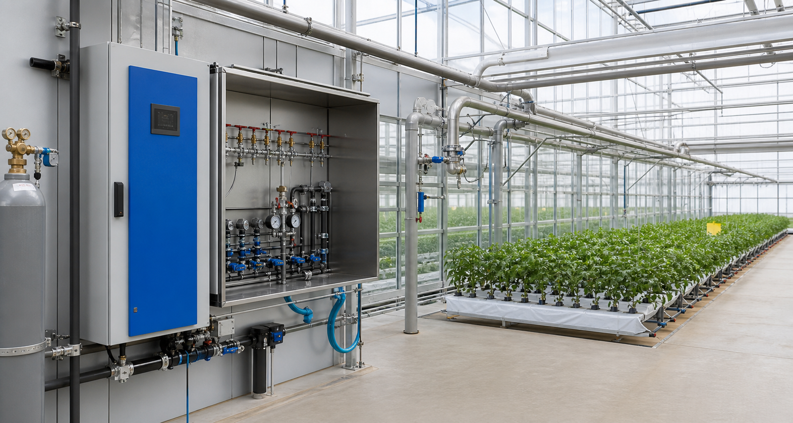 Greenhouse CO2 enrichment manifold and distribution pipes