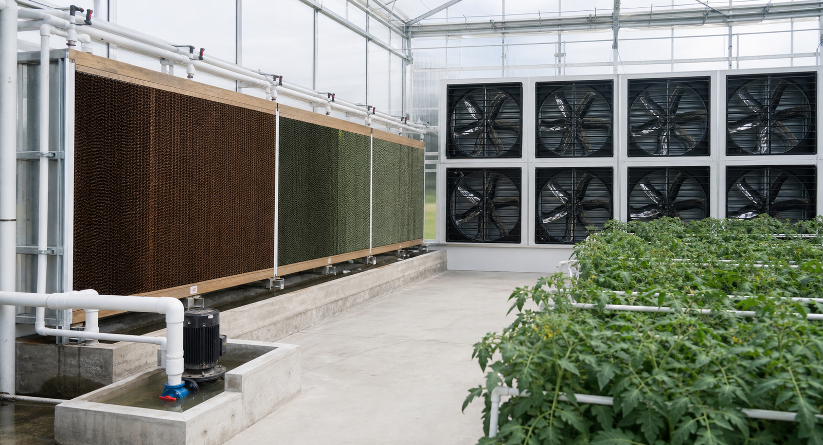 Greenhouse evaporative cooling pads and exhaust fans
