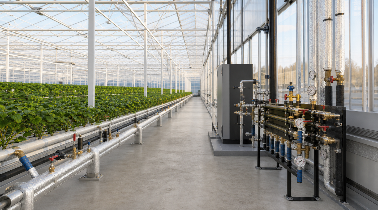 Greenhouse hot water heating pipes and heating manifold