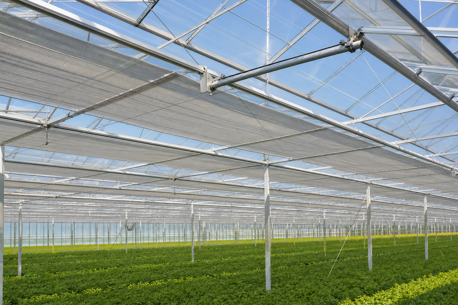 Greenhouse inner screening system below glass roof