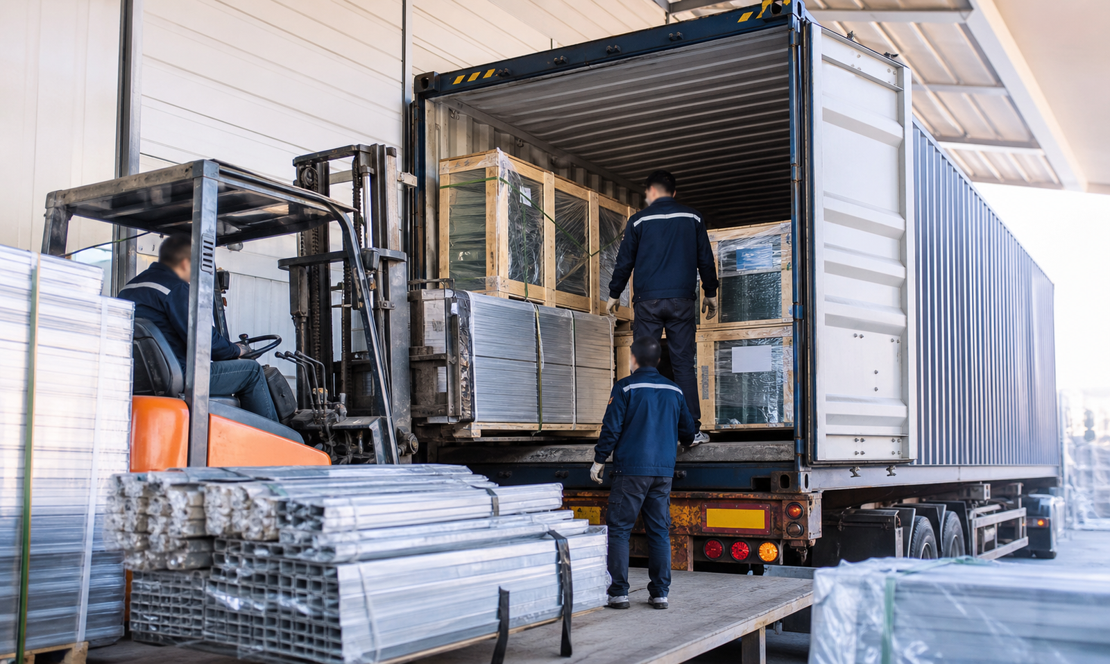 Greenhouse materials loaded into export shipping container