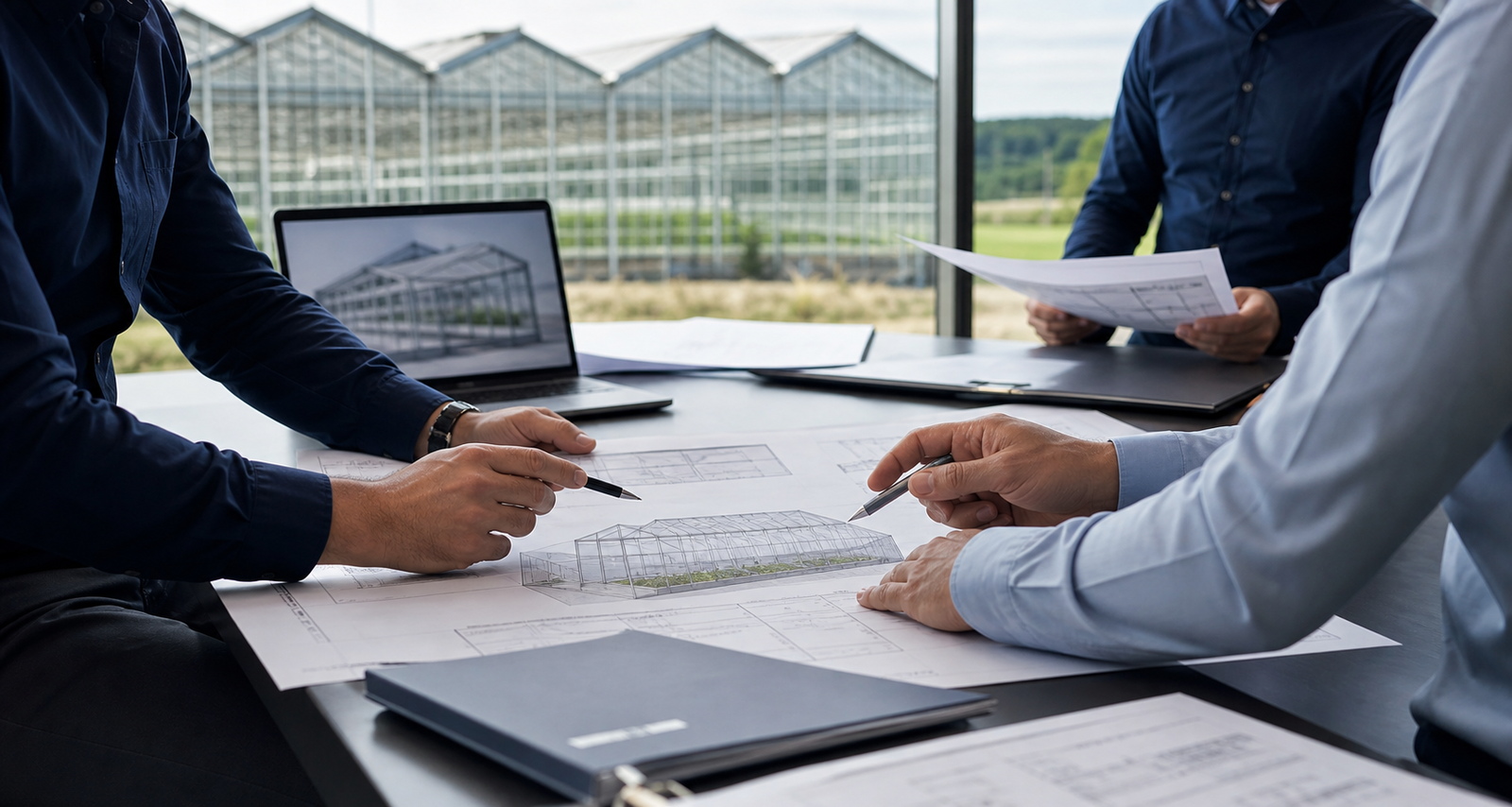 Greenhouse contractor meeting with a project client while supply partner supports behind the scenes