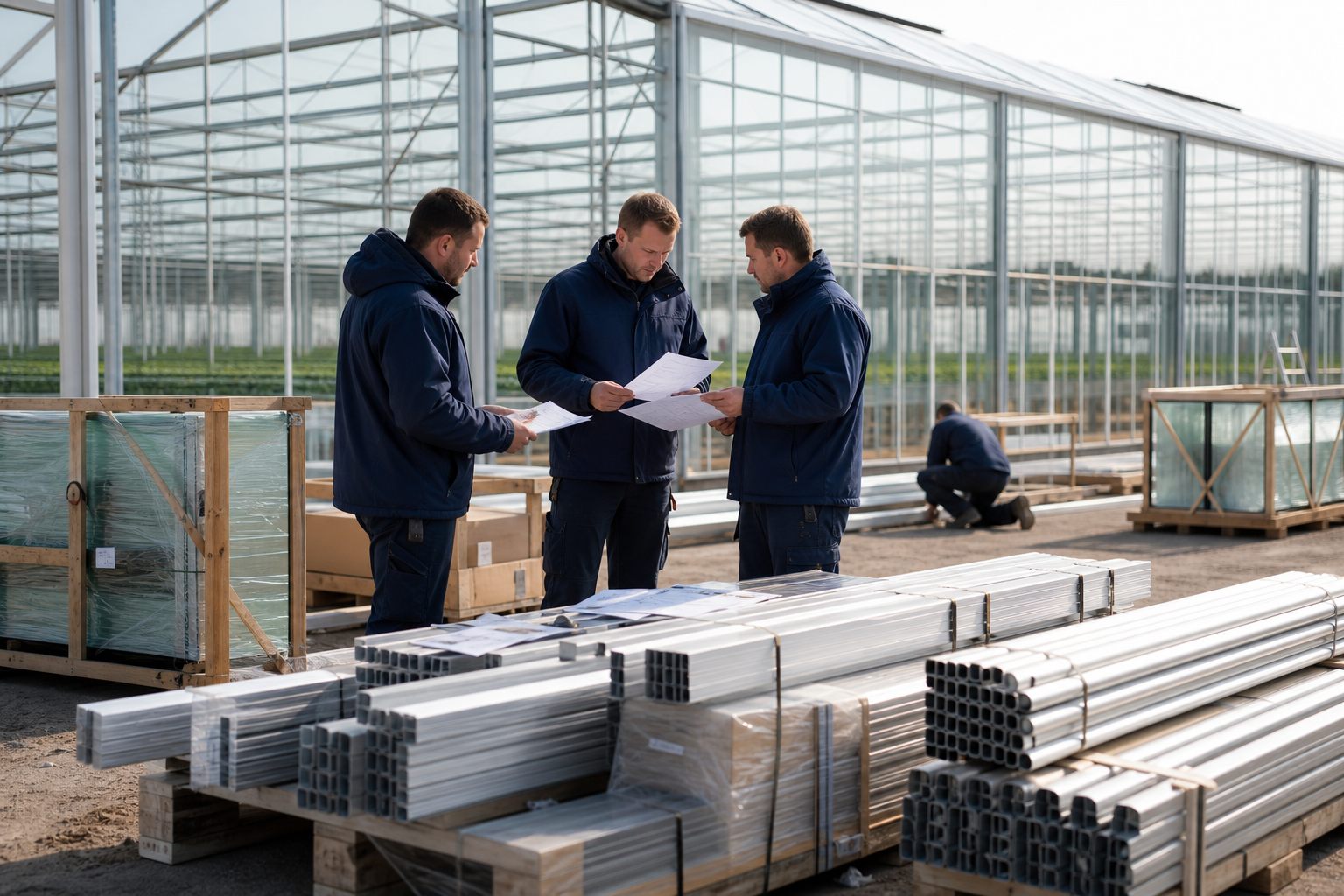 Greenhouse contractor receiving labeled material crates and container delivery at site