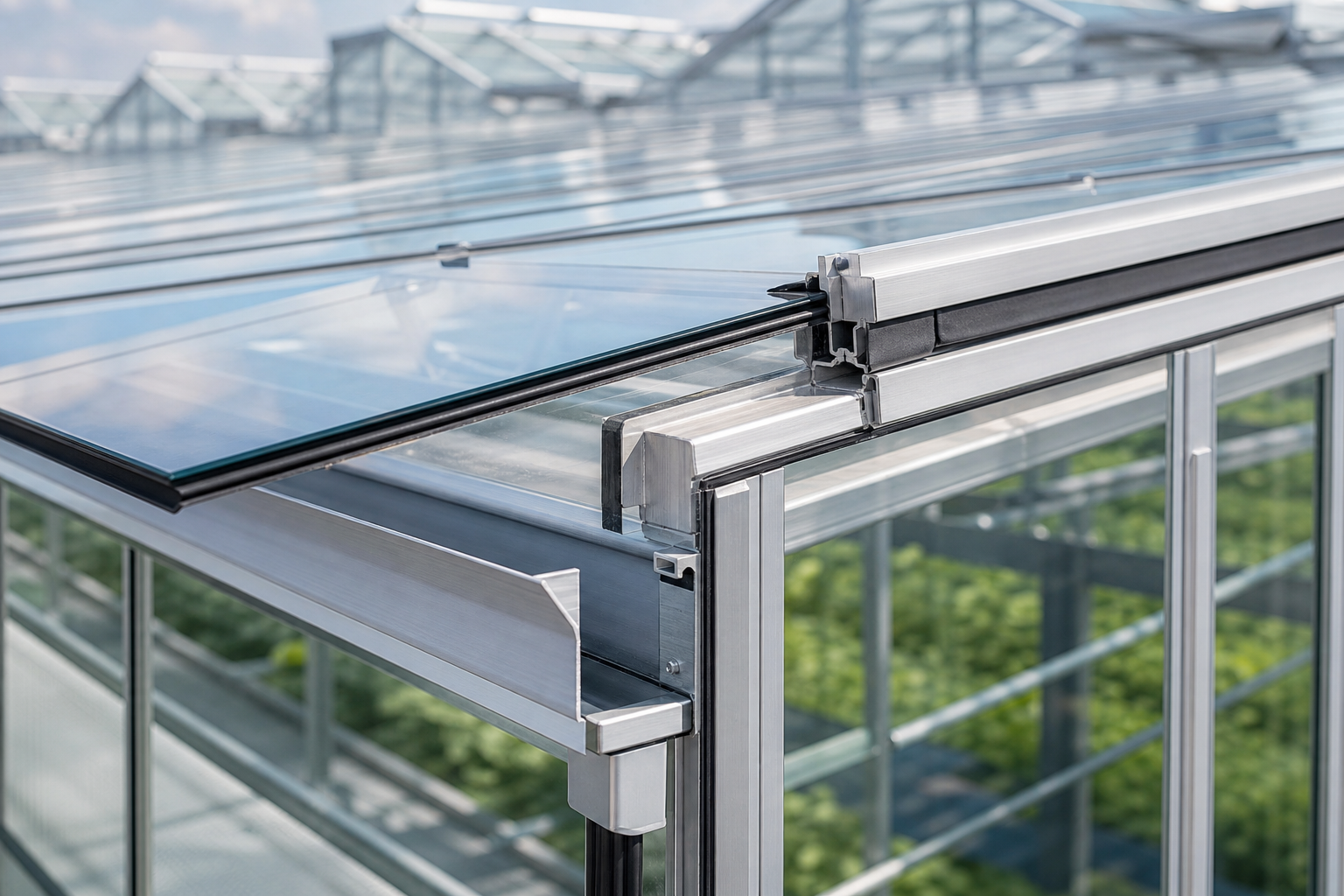 Greenhouse glass glazing, aluminum bar, gasket and drainage detail