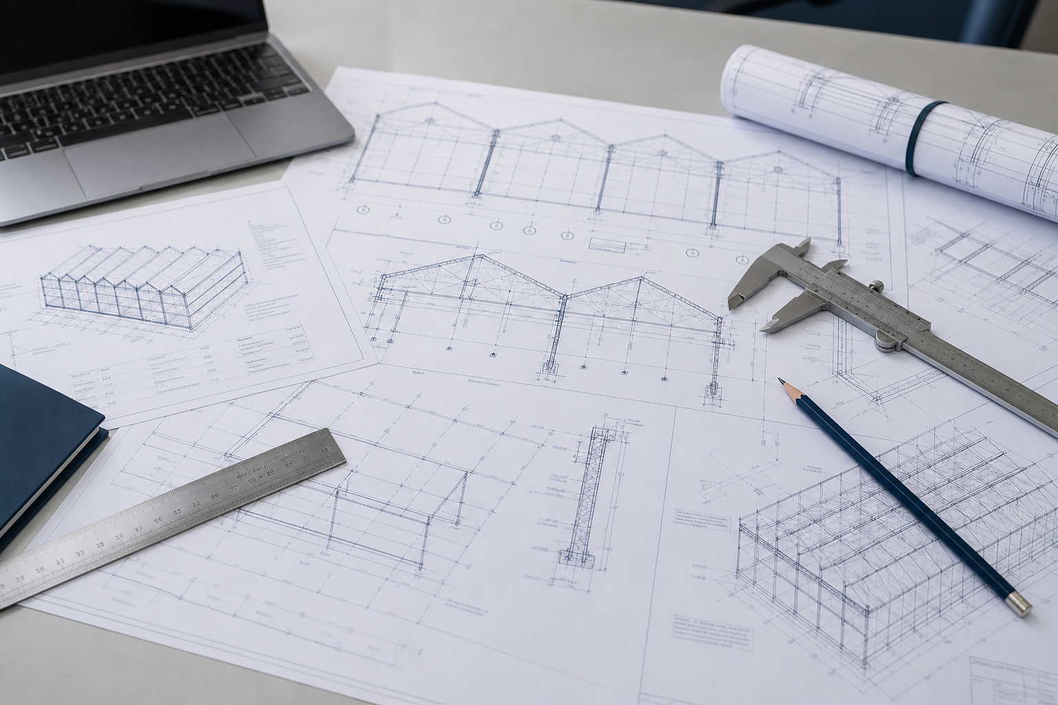 Greenhouse engineering drawings with structure sections and roof geometry