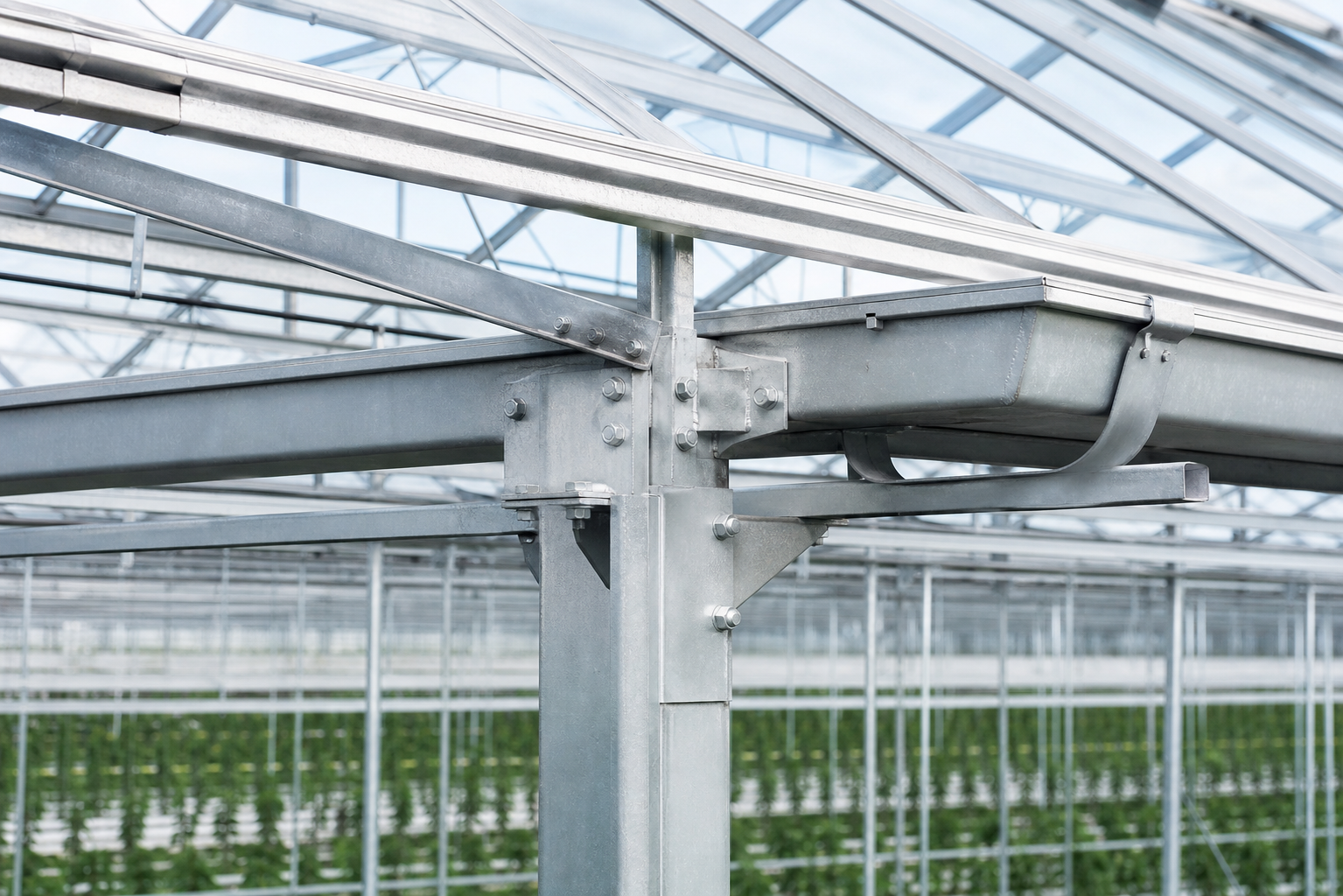 Greenhouse galvanized steel structure and gutter connection detail